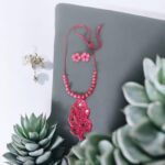 Pink color floral design mirror work pendent set