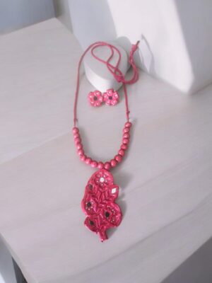 Pink color floral design mirror work pendent set